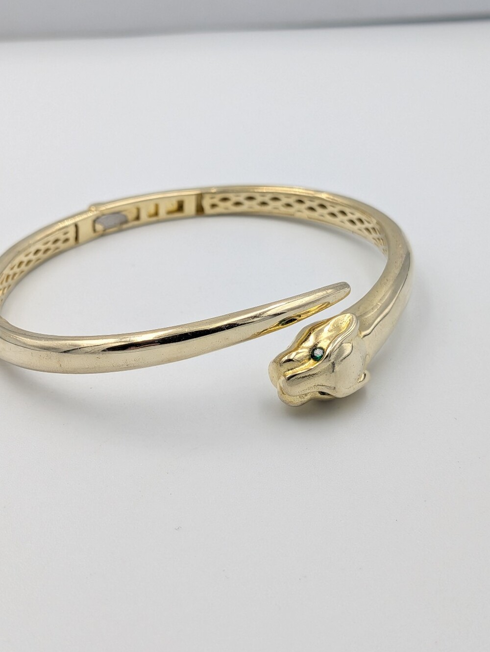 Panther gold tone green rhinestone eyes clamp bangle bracelet